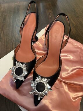 Amina Muaddi Begum Black Satin Slingback Pumps with Crystal Sunburst